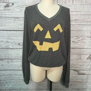 WildFox Medium Jack o Lantern Halloween Long Sleeve Top Gray Pumpkin Slub‎